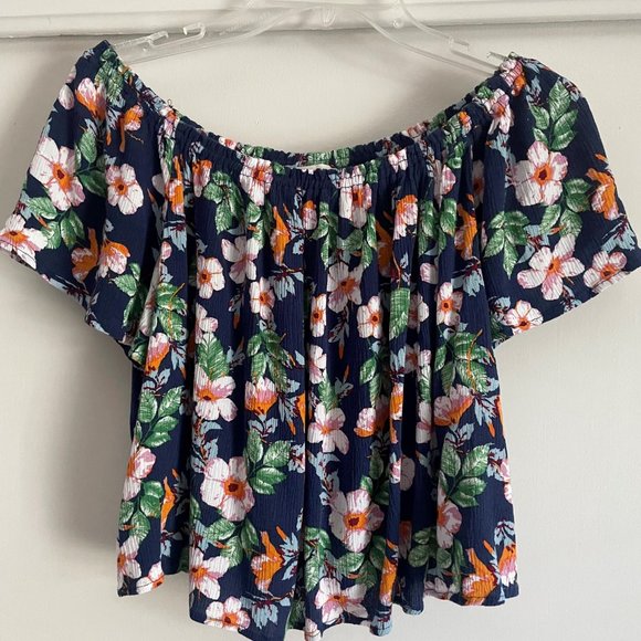 Sophie Rue Blue Floral Flutter Sleeve Off The Shoulder Crop Top Boho Blouse L - Picture 6 of 13